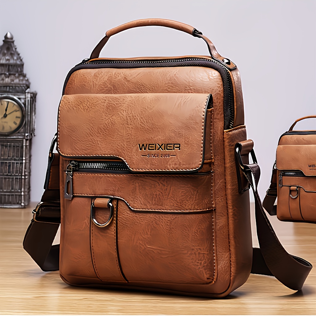 

[1pc Men's Genuine Leather Crossbody Bag] Men's Genuine Leather Crossbody Bag, Vintage Style Shoulder Briefcase, Business Casual Handbag, With Adjustable Strap, In Black And Light Brown