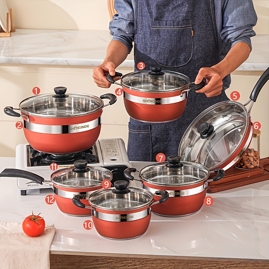 12pcs set of stainless steel pots 4 pots 1 frying pan 1 milk pot 6 lids thickened composite pot bottom uniform and   conduction suitable for home accommodation dinner camping suitable for induction cooker and gas stove suitable for soup milk steak hot   pasta     details 0