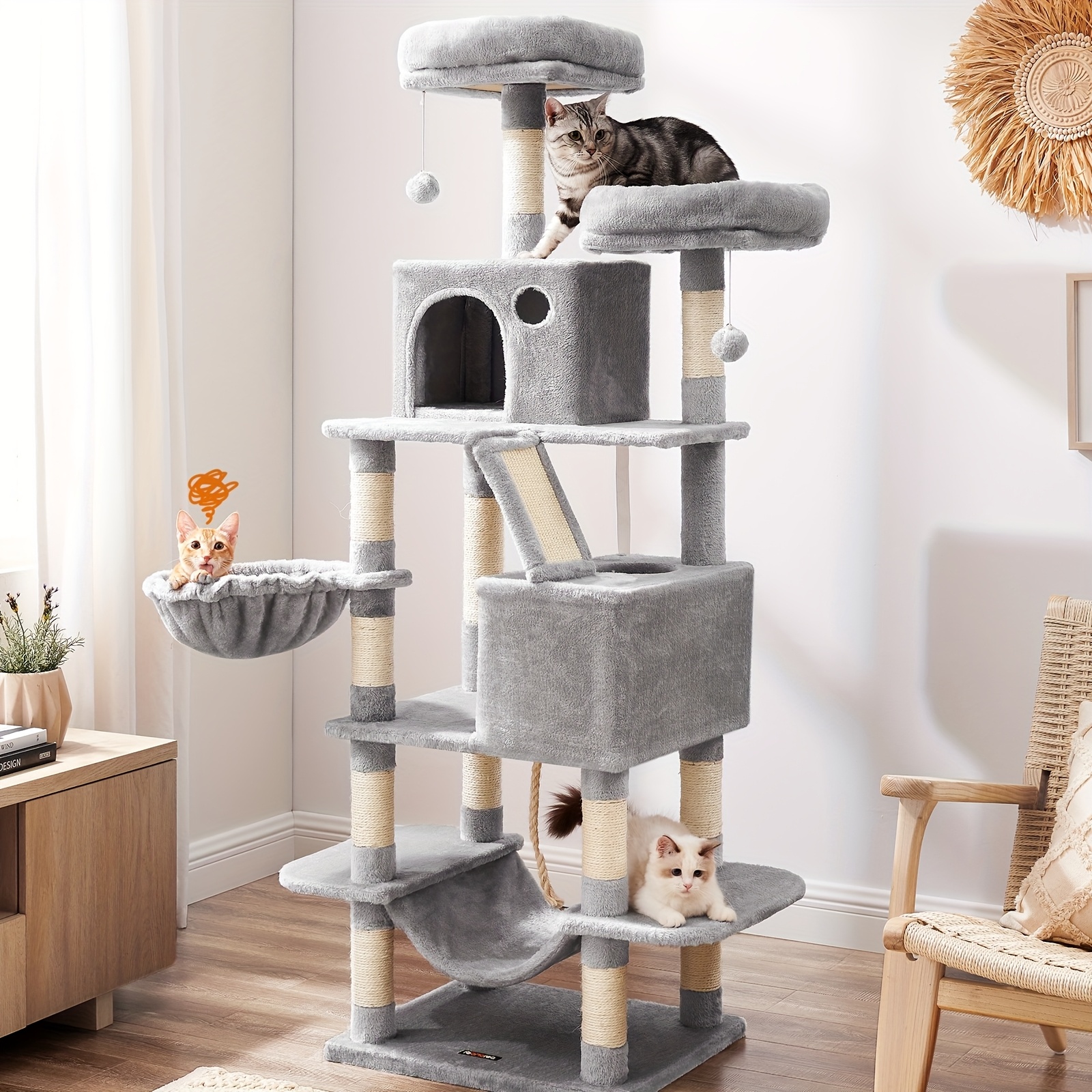 feandrea large multi level cat tree for indoor cats 13 scratching posts 2 perches cozy hammock durable particle board construction space saving design for climbing resting play