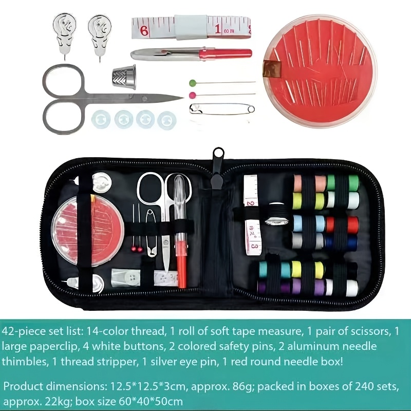 172/42pcs - Deluxe Household And Travel Sewing Kit - Portable Black Fabric Box With Colored Thread, Needles, Scissors And More