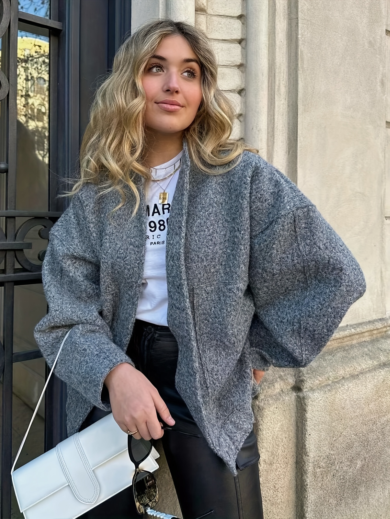 women's cozy fleece jacket casual gray cardigan button Temu