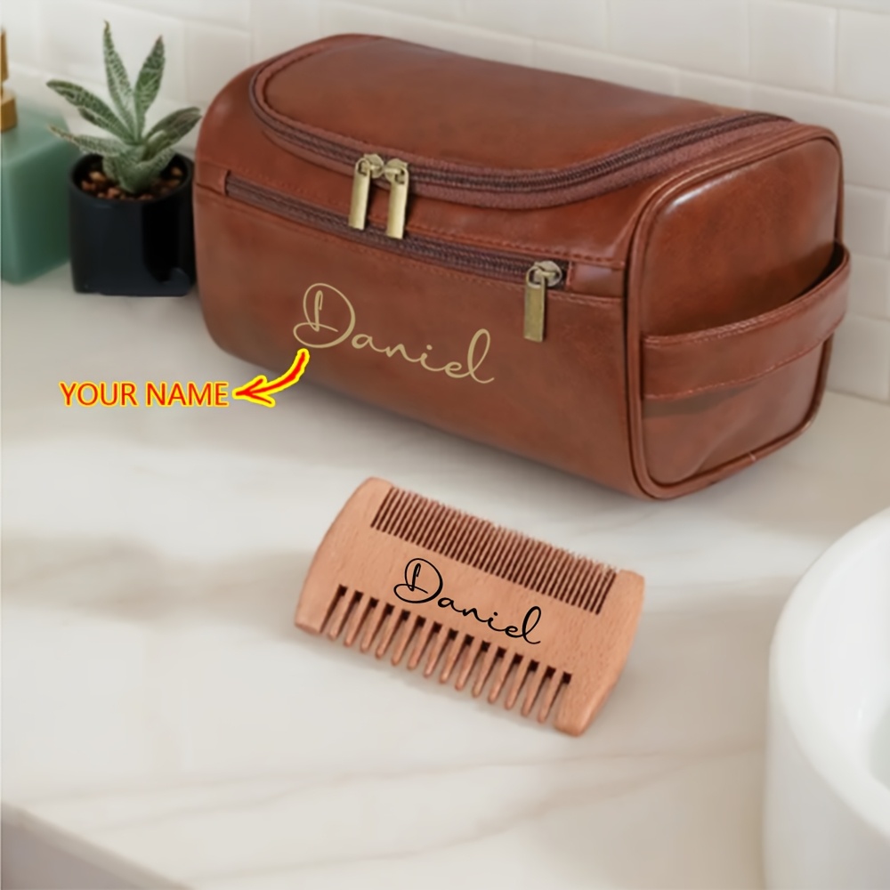 Custom Men's Toiletry Storage Bag Set - 2pcs, Includes A Storage Bag And A Comb, For Father's Day And Men's Birthdays