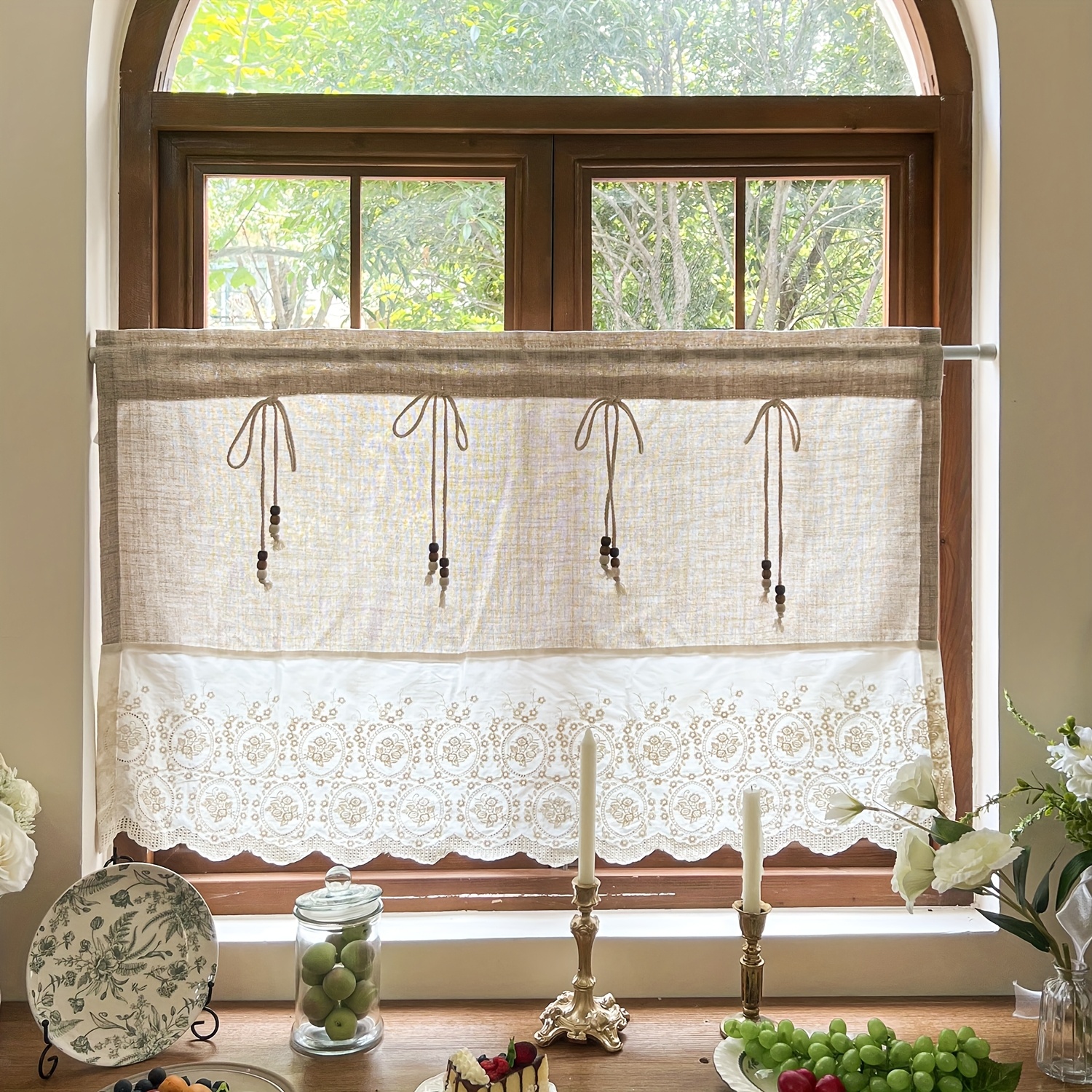 1 Panel Rustic Plain Curtain With Wood Bead Splicing Embroidery Lace Short Curtain For Kitchen Filtering, Cafe Half Curtain