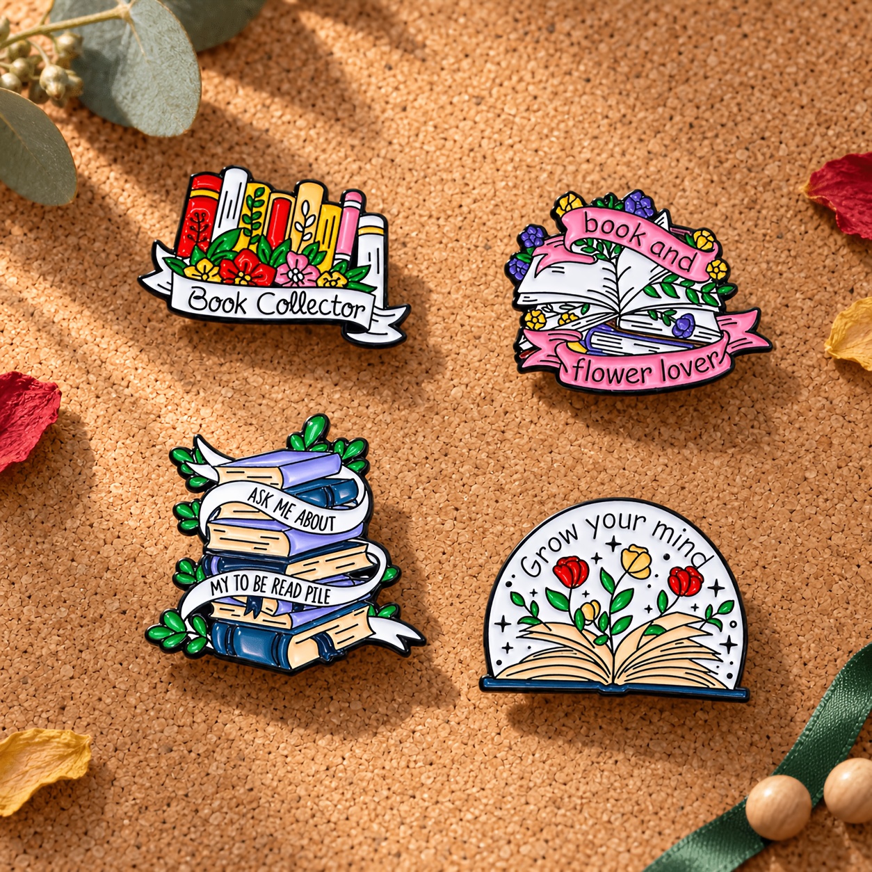 TEMU 4pcs Solevdo Enamel Lapel Pins, Novelty Book Flower Metal Brooches, Reading Lover Floral Book Stack Slogan Design Badge Pins For Men And Women,