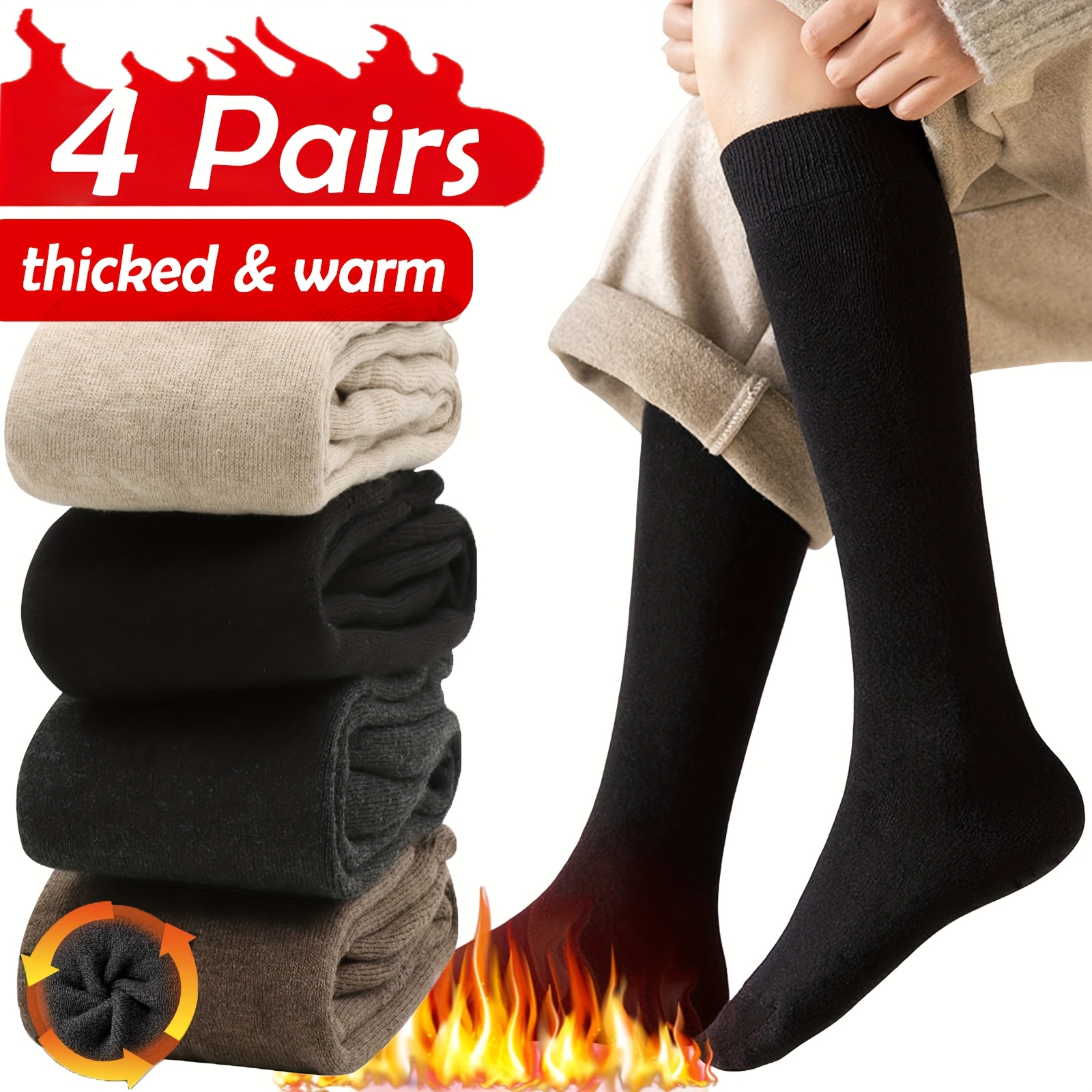 Image of 4 Pairs Of Cozy Knee-high Thermal Socks Designed For , Featuring Thick Cushioning For Winter, Ideal For Hiking And Skiing, And Perfect As Gifts