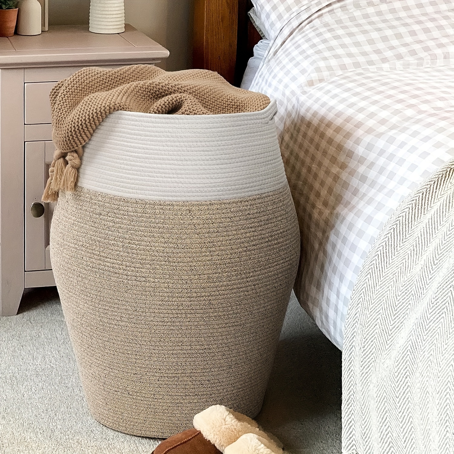 Image of Spacious Laundry Basket | High Wicker Laundry Hamper, Basket, Elegant Curved Design, 25.6 Inches Tall, Shelf Baskets