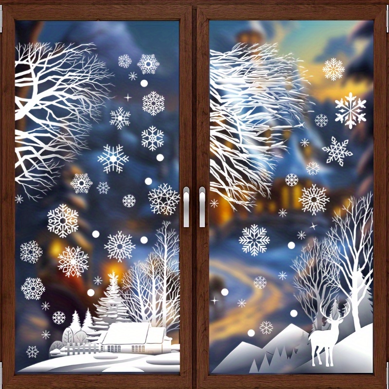 

56pcs Christmas & New Year Window Clings Set - Snowflake, Designs For Festive Home Decor