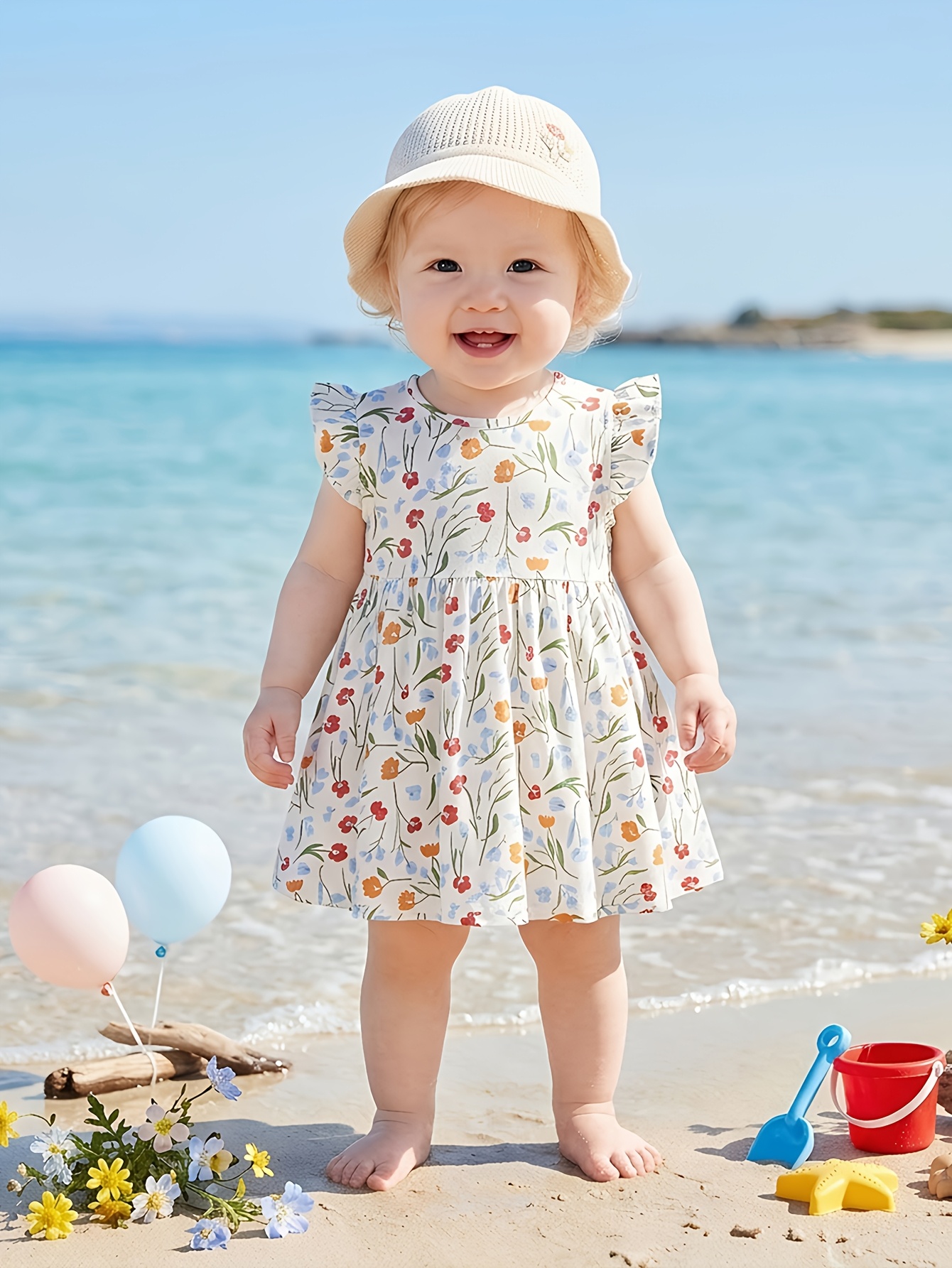 casual midi summer dresses Blue Floral Midi Summer Dress with Short Puff Sleeves Blue Floral / Small