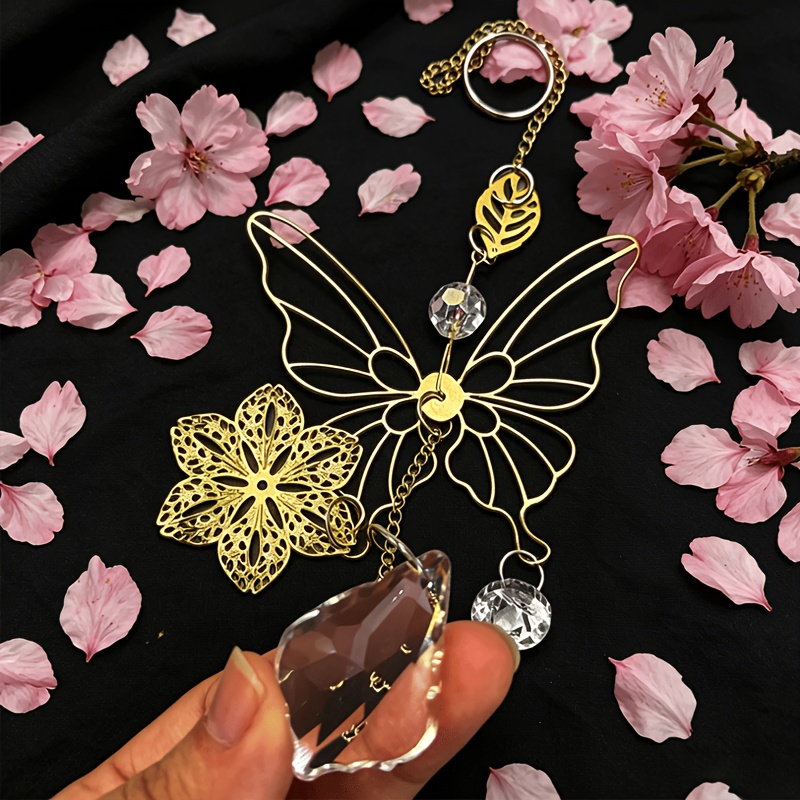 Image of High Crystal Suncatcher, Hollow Metal 6-petal Flower Hanging Ornament, Window Prism For Home Garden Patio Decoration, Christmas Decorations, Halloween Decorations