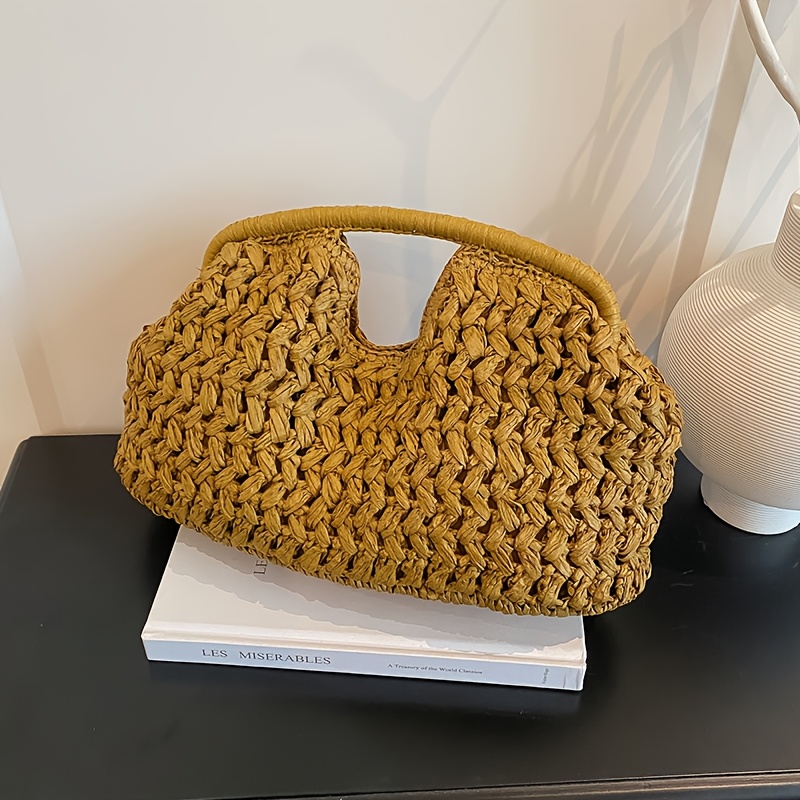 item picture a woven summer beach handbag for casual vacations featuring a unique braided design that       or on the arm it offers   space for items   phones   making it ideal for womens daily  