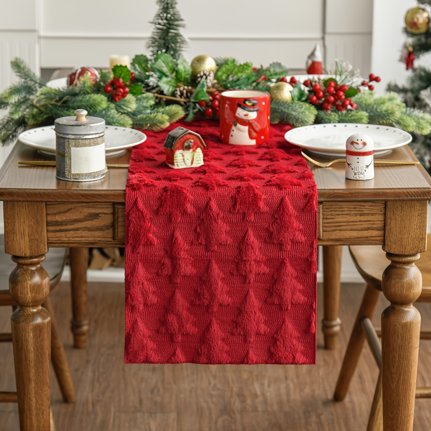 TEMU 1pc Christmas Plush Table Runner, 13x71 Inches, In Multiple Colors, Soft Plush Jacquard Christmas Tree Decoration Table Runner, Suitable For