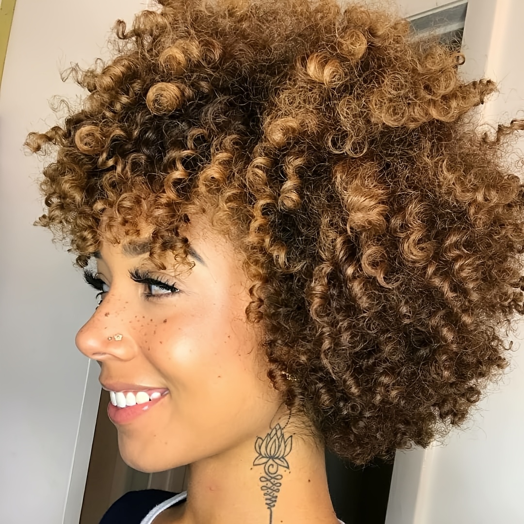 TEMU Hair Short Bob Wig With Bangs Mixed Blonde Brown Hair Short Afro Wigs For Women Synthetic Wig Christmas Party, Music Festival