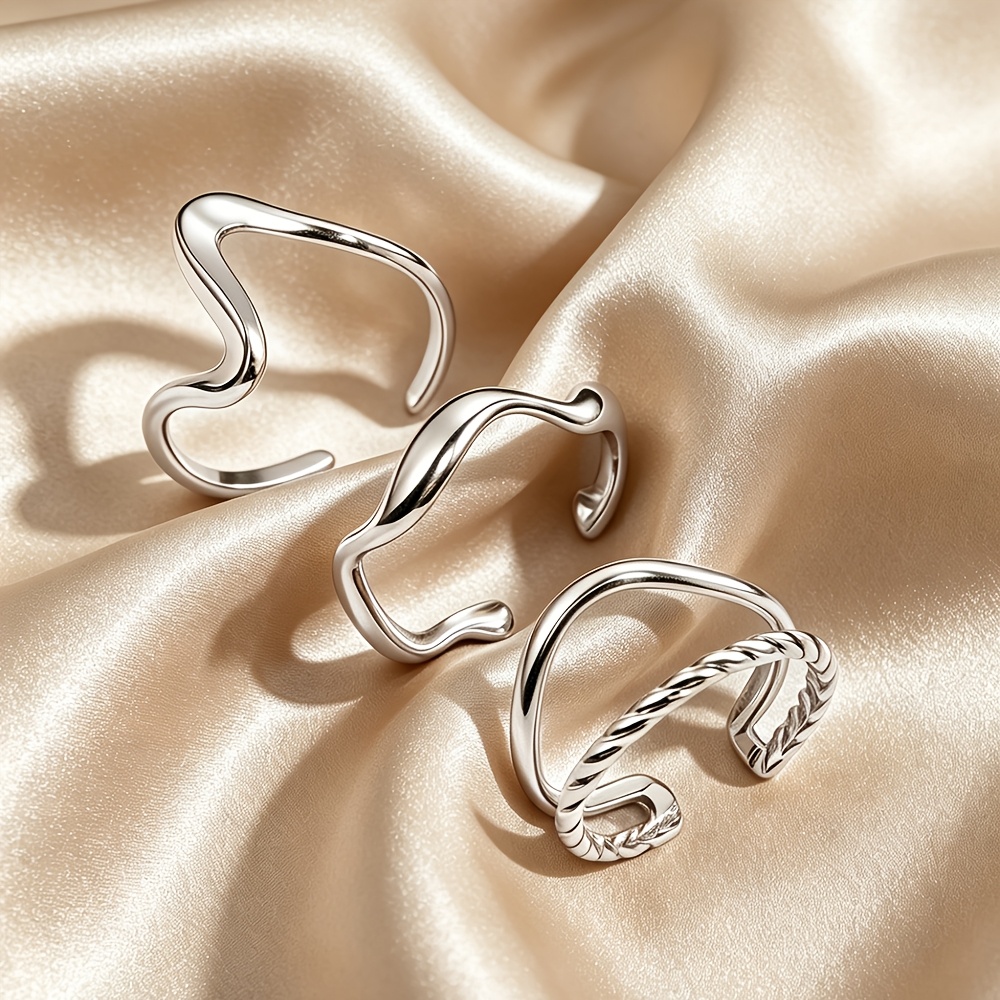 TEMU 3pcs Stainless Steel Fashionable And Versatile Geometric Openwork Women's Ring Set, Elegant Stackable Style With Linear , Perfect Accessory For