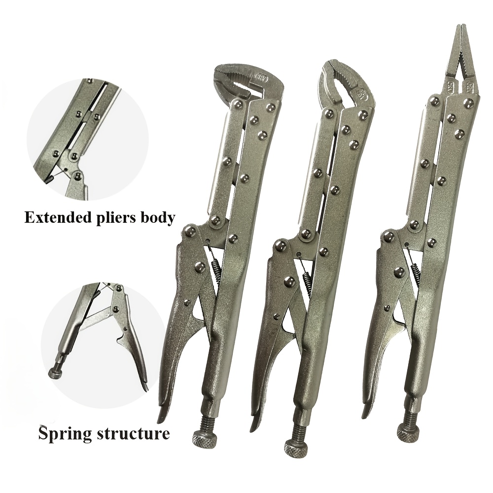 TEMU Heavy-duty Hand Tool 3pcs Long-neck Locking Pliers Set: 12-inch With 90°/45°/long-nose Jaws ( Material), Suitable For Auto Repair, Plumbing &