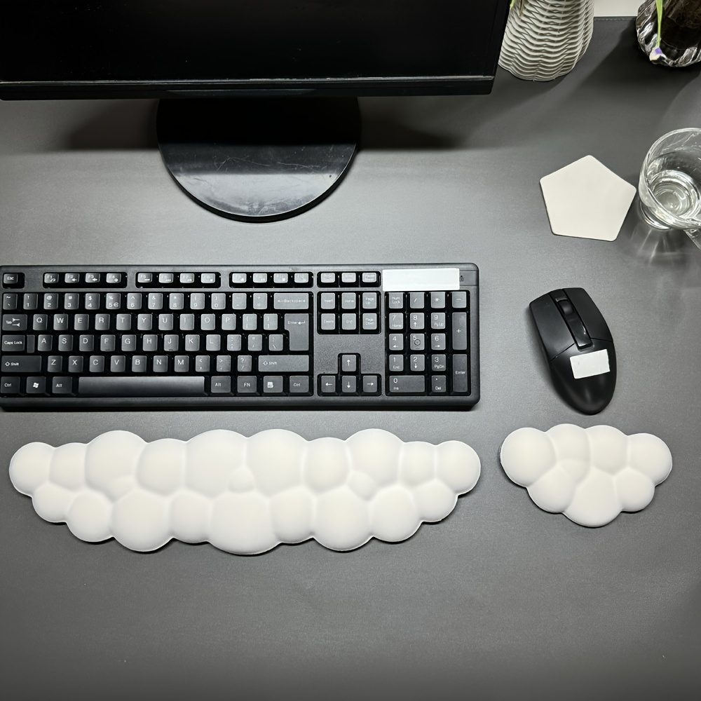 

3pcs Ergonomic Desk Set: Memory Foam Keyboard & Mouse Pads With Wrist Support - Comfortable For Gaming And Office Use, White