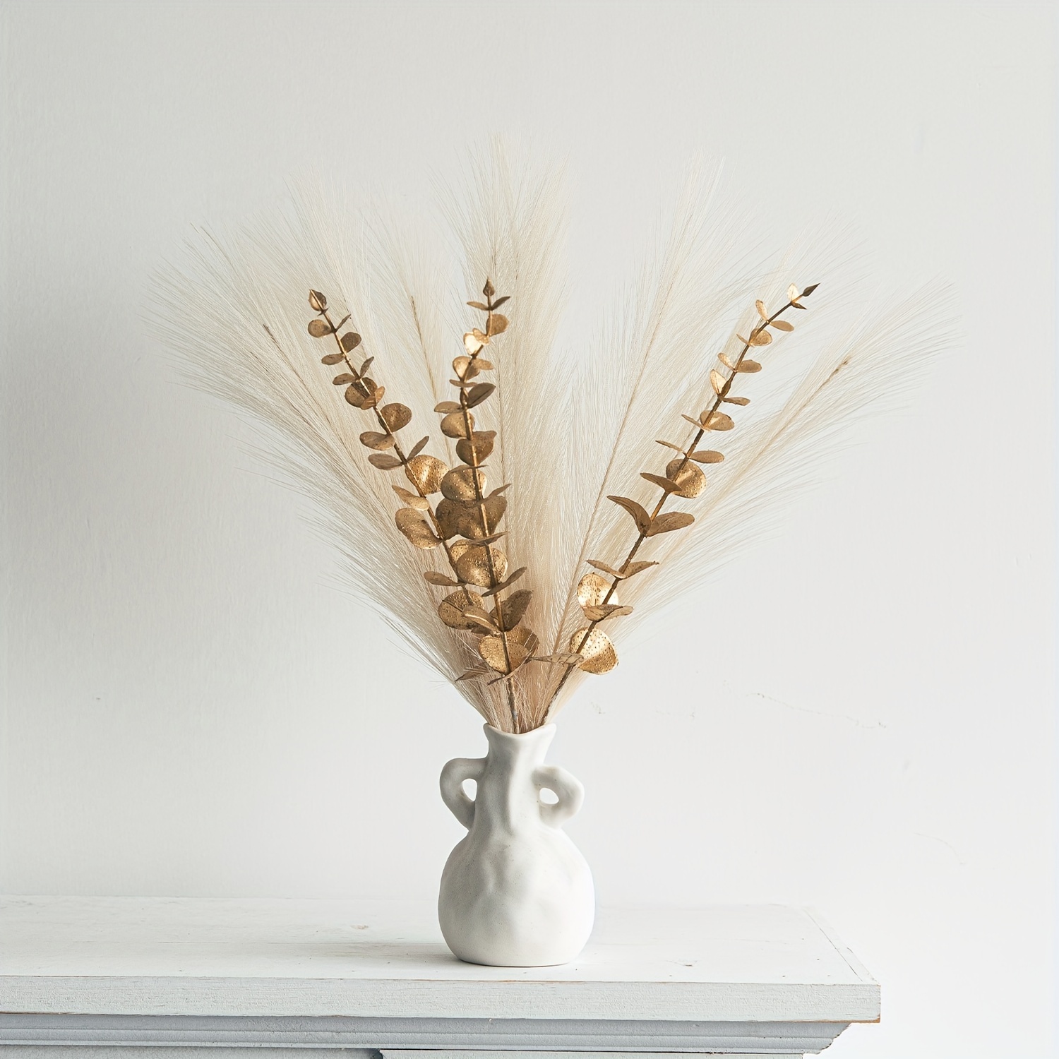 Artificial Bouquet, 10 Beige + 3 Golden Eucalyptus, For Home Decoration, Dining Table Vase, Bohemian Wedding, Party, Decoration Artificial Bouquet
