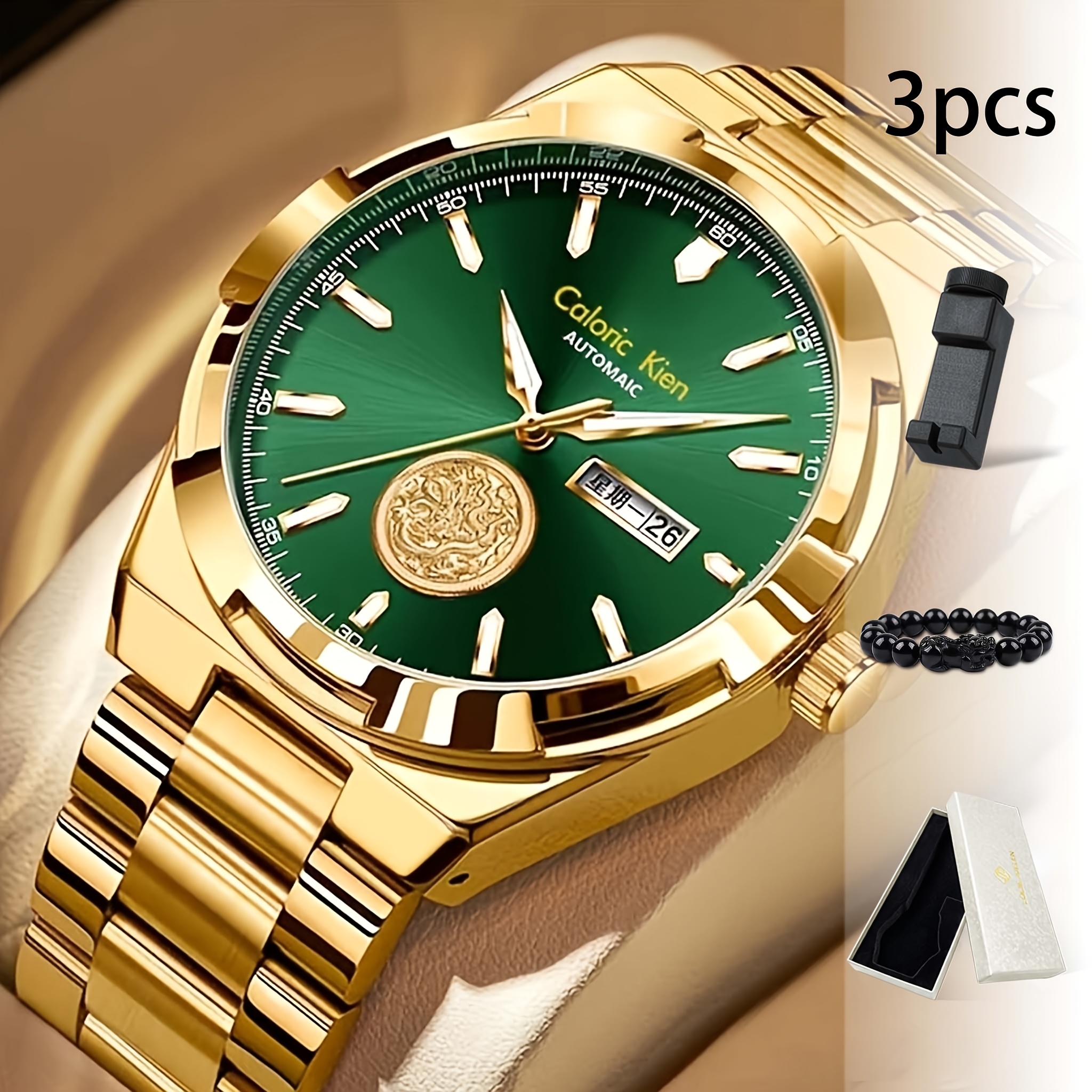 Image of 3pcs Golden Business Men' Watches With Calendar And Luminous Hands, Men's Mechanical Watches For Workplace Style, Practical Gifts For , Holiday Gifts, Without Battery
