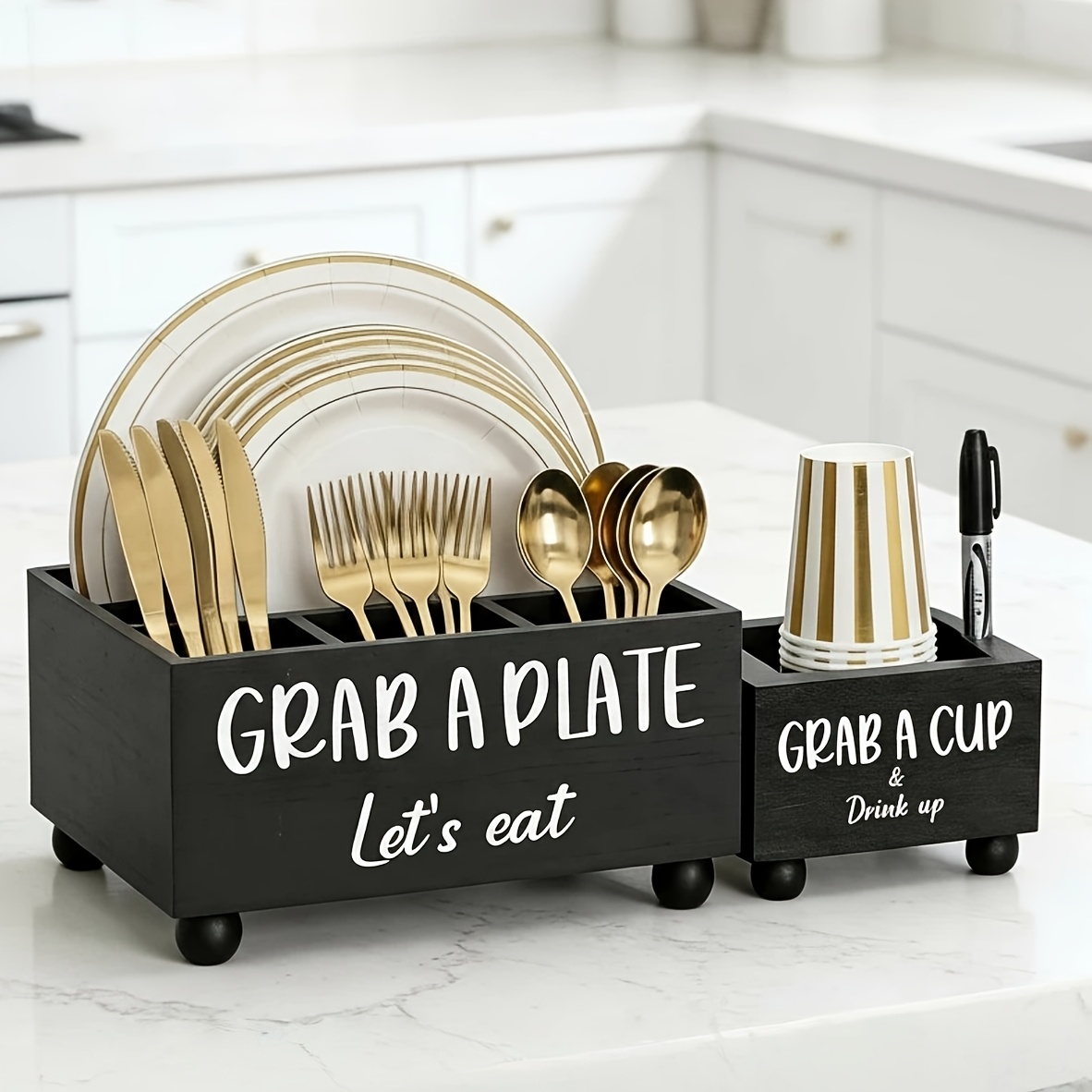 TEMU 2pcs Wood Paper Plate Dispenser And Cup Holder For Kitchen Counter, Multi Utensil Caddy With Cup Holders And Markers, Paper Plate Organizer For