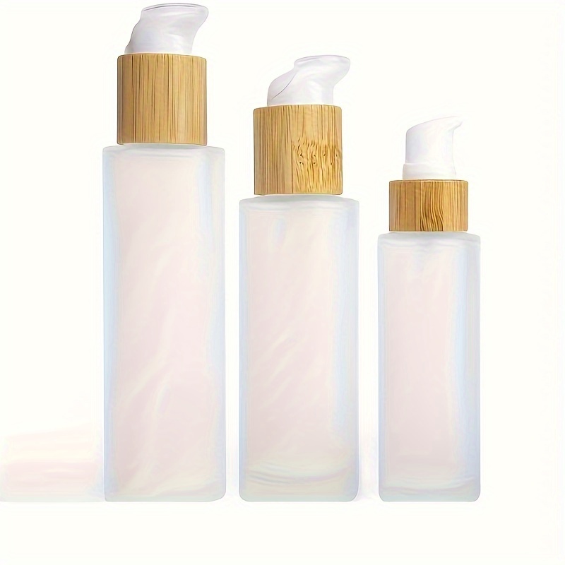 

1pc Frosted Glass Pump Bottles With Bamboo Lids, 30ml/60ml/100ml Travel Portable Cosmetic Containers, Refillable Round Glass Dispenser For Lotion Shampoo Shower Gel