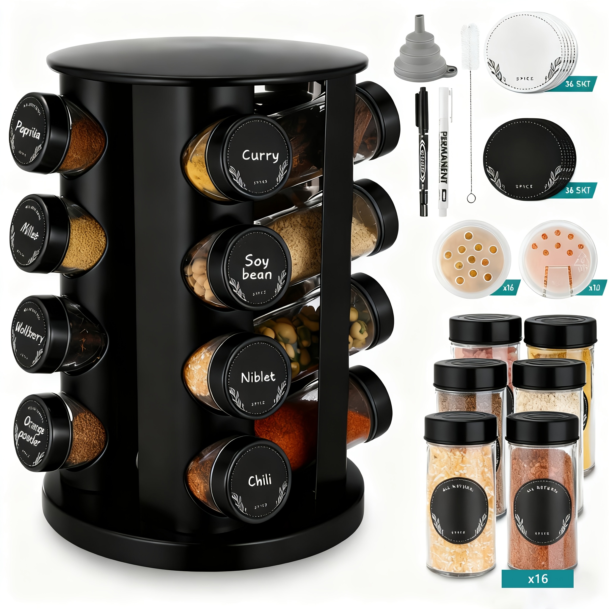TEMU Étagère à épices, étagère à épices rotative, comprenant 16 pots à épices ronds, étagère de rangement d'épices rotative à en acier inoxydable,