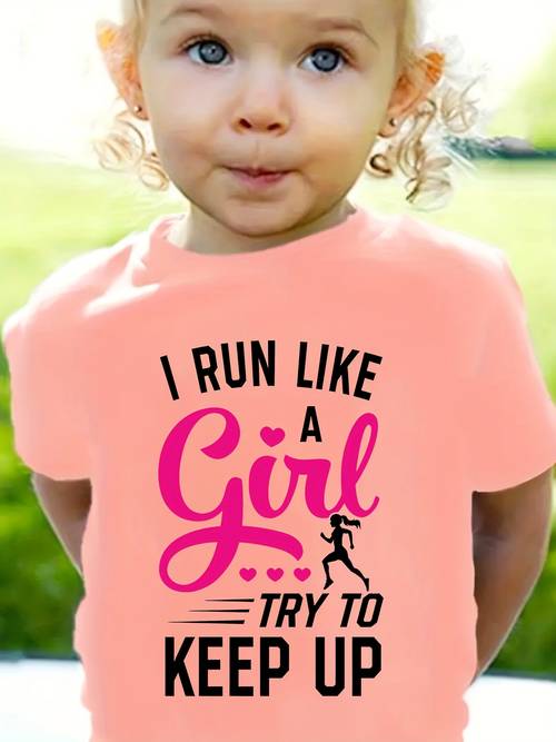 run like girl slogan t shirt short sleeve round neck summer top with letter wear for everyday outfits machine washable kids blouse non spring summer casual wear