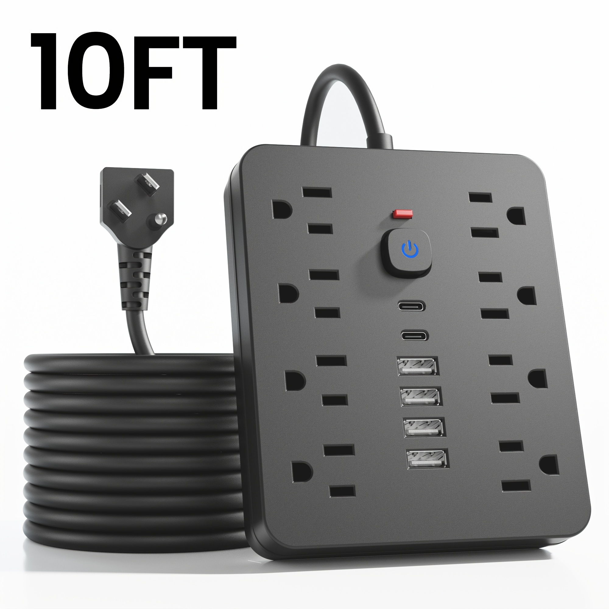 TEMU 1pc Power Strip Protector With 5ft/10ft Extension Cord, Multi Plug Outlet Extension Cord With Usb Ports 14-in-1 Flat Plug Power Strip 8 Spacious