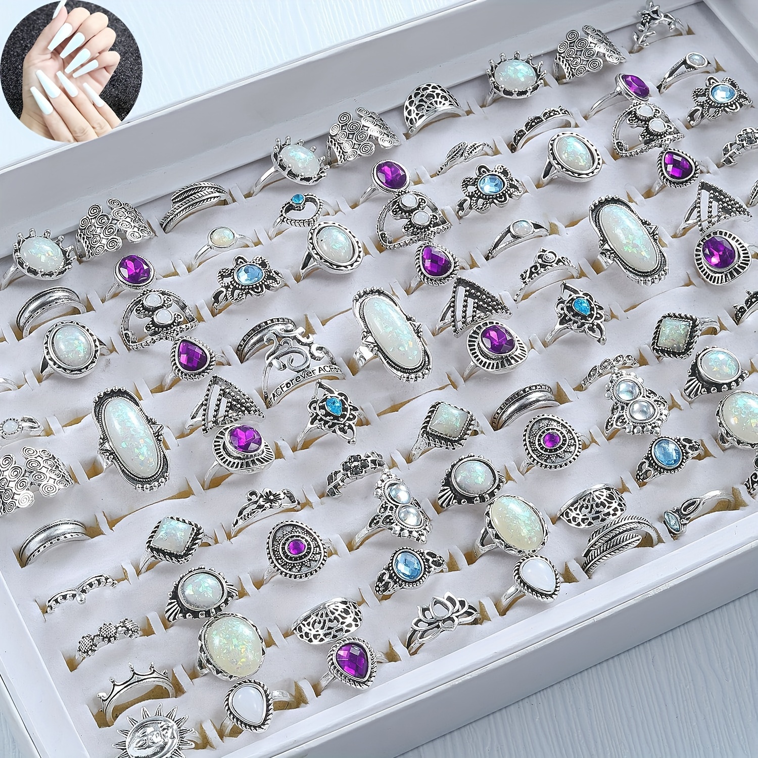 

30pcs/set Boho Vintage Ring Set + 24pcs Nail Tips Set With Large Rhinestone Inlays For Dailyand Formal Wear