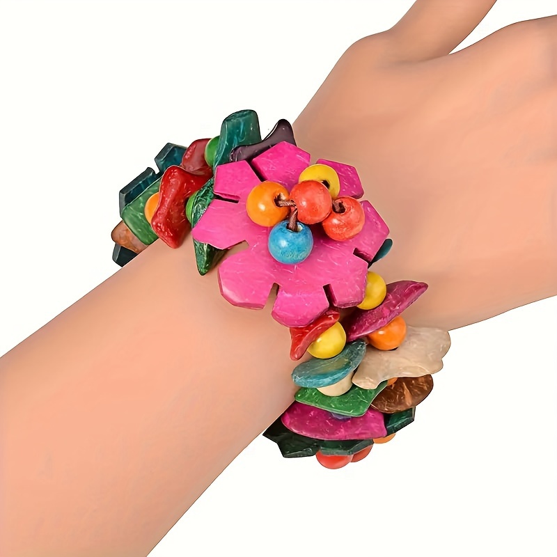 

Woven Flower Bracelet, Colorful Wooden Beads & Coconut Shell, Elastic Summer Beach Jewelry, Perfect Gift For Seaside Vacation