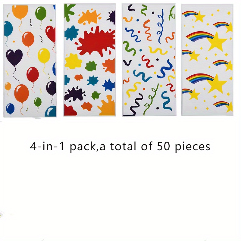 

50-pack Assorted Party Gift Bags - Festive Celebration Designs With Balloons, Confetti, Rainbow & Stars - Multipurpose Candy And Gift Packaging - Versatile Opp Flat Cellophane Bags