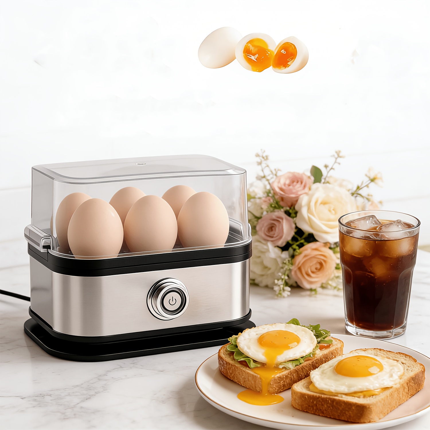 [Electric Egg Cooker] 6 Egg Cooker, Electric Egg Boiler With One-Touch Operation, Stainless Steel Egg Maker ForSoft, Medium, Hard Boiled Eggs, Multifunctional Food Steamer For Eggs, Corn, Sweet PotatoesPerfect For Home Kitchen Breakfast