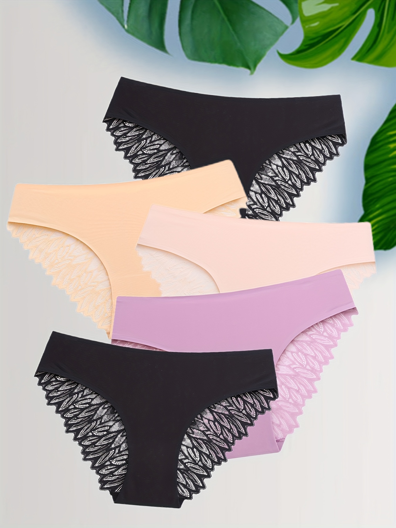 Set of 5 Sexy Lace-Trimmed Women'S Panties, Elegant, Stretchy, And Stylish for Comfortable Wear, Perfect for