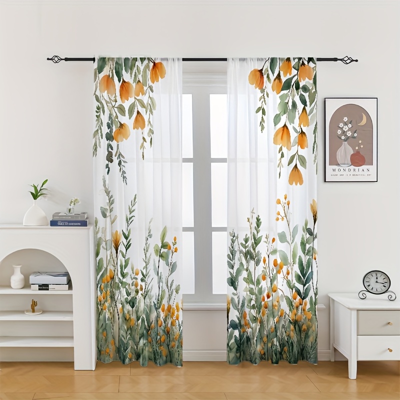 TEMU 2pcs Floral Chiffon Sheer Curtains - Semi-transparent Opaque , Rod For Living Room And Bedroom Decor, Polyester Mesh Fabric, Natural Decor With
