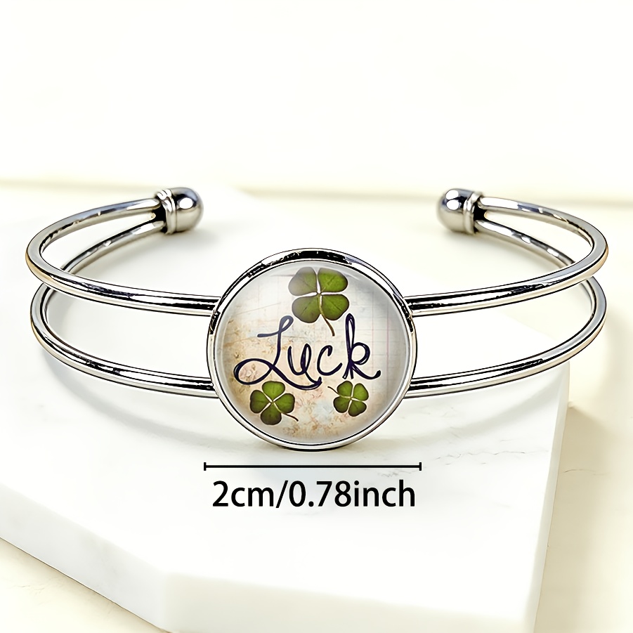 Women's Vintage Luck Adjustable Open-End Bangle with Green Four-Leaf Clover