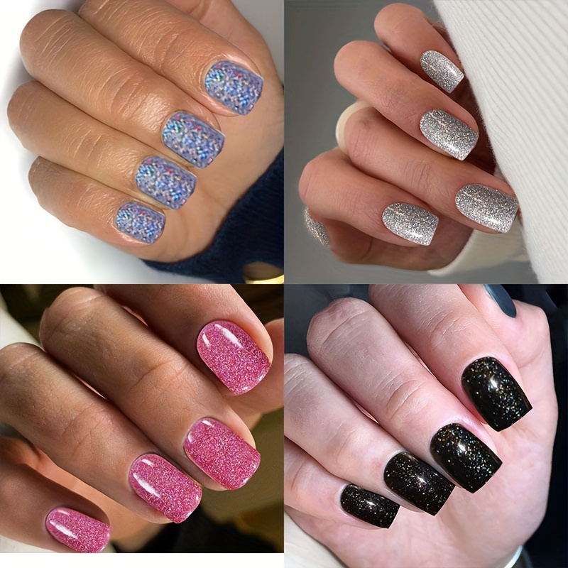 TEMU 96pcs 4pcs, Sparkling Short Square False Nail Set Short Square Press-on Nails Office, Holiday Party Favors, Travel, Includes Jelly Glue And Nail File Dy Salon