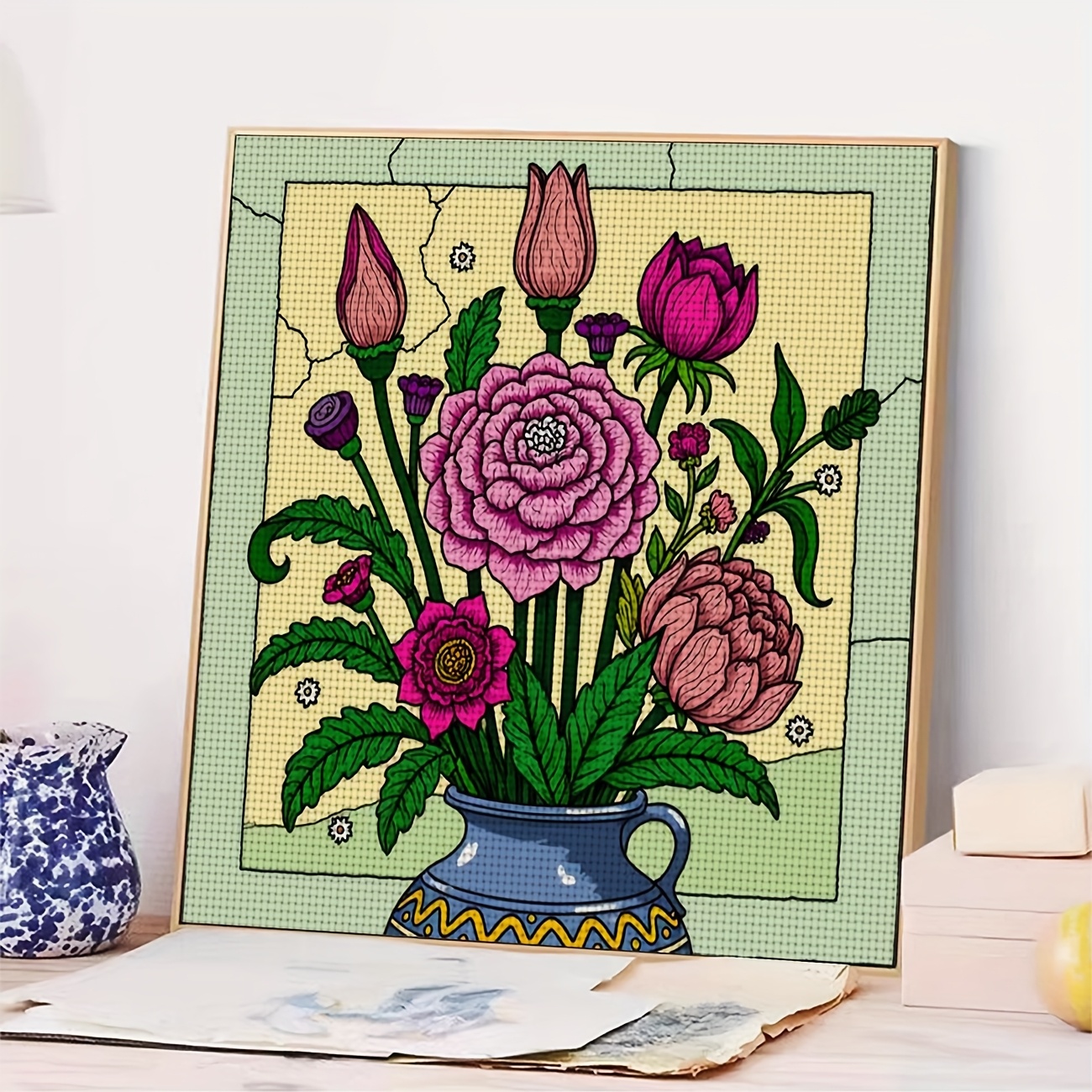 DIY Cross Stitch Print Kit, Frameless, "Blue Vase with Fresh Flowers" Pattern
