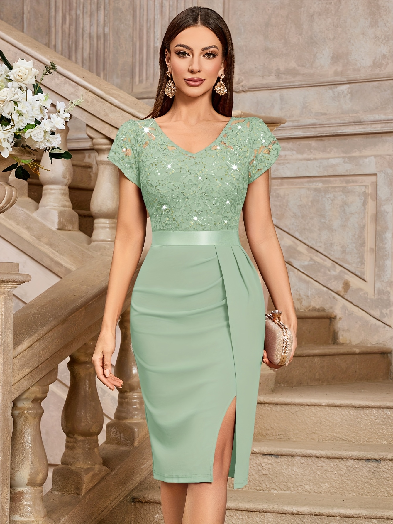 knee length dresses for ladies Mint Green Floral Bodycon Midi Dress – Gabi Swimwear main image 1