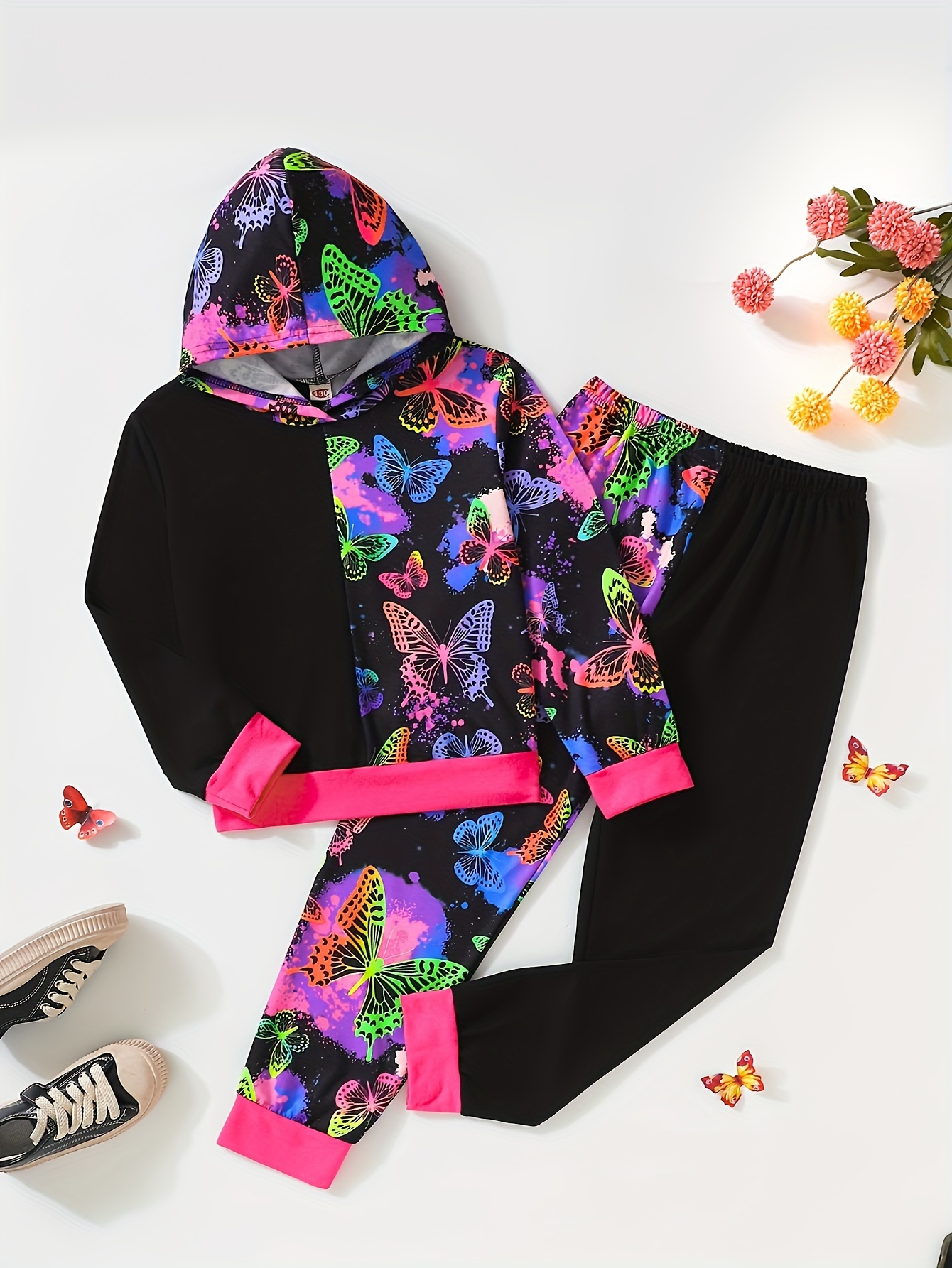 Girls Color Block Butterfly Print Crop Hoodie Long Sleeve - Temu