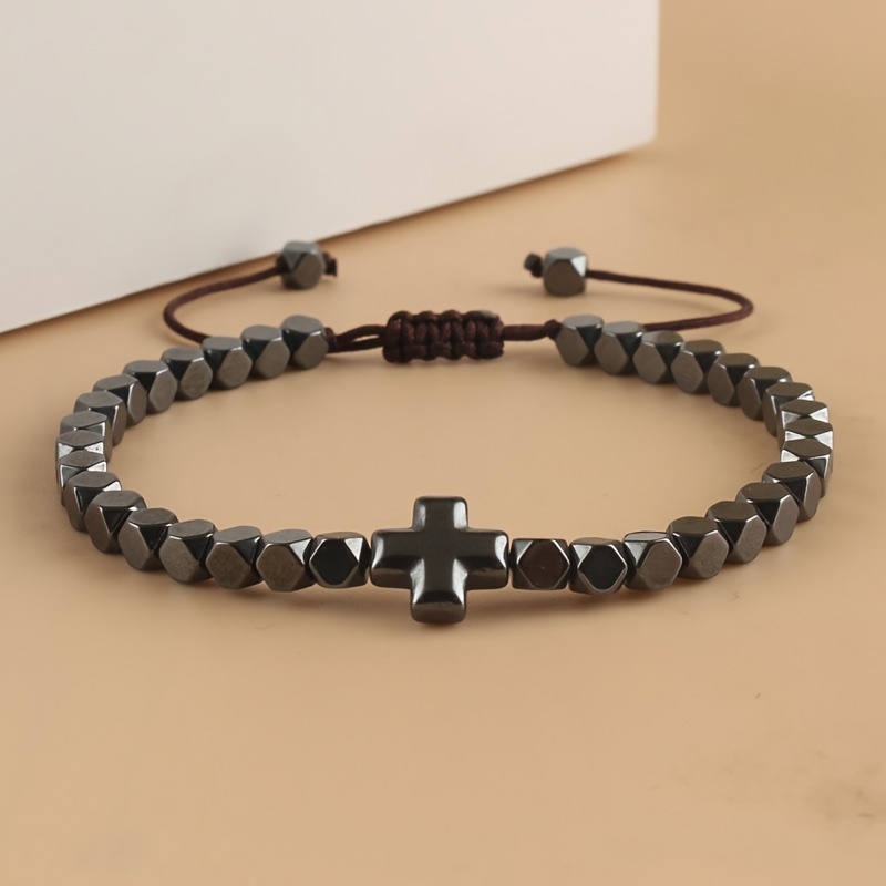 Adjustable Men's Bracelet with Hematite Beads Cross Pendant