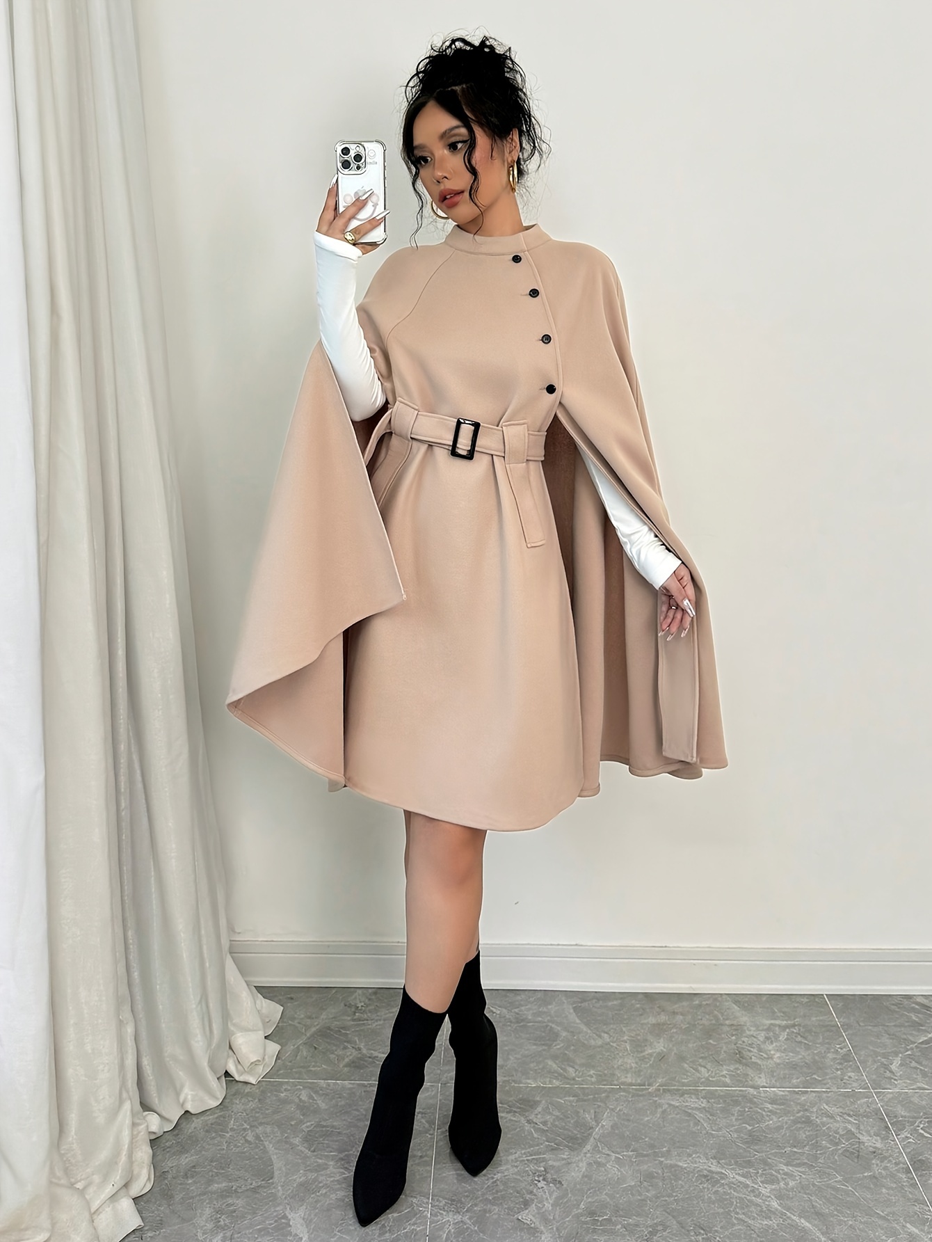 womens elegant winter button cape jacket solid color non - Temu Mexico
