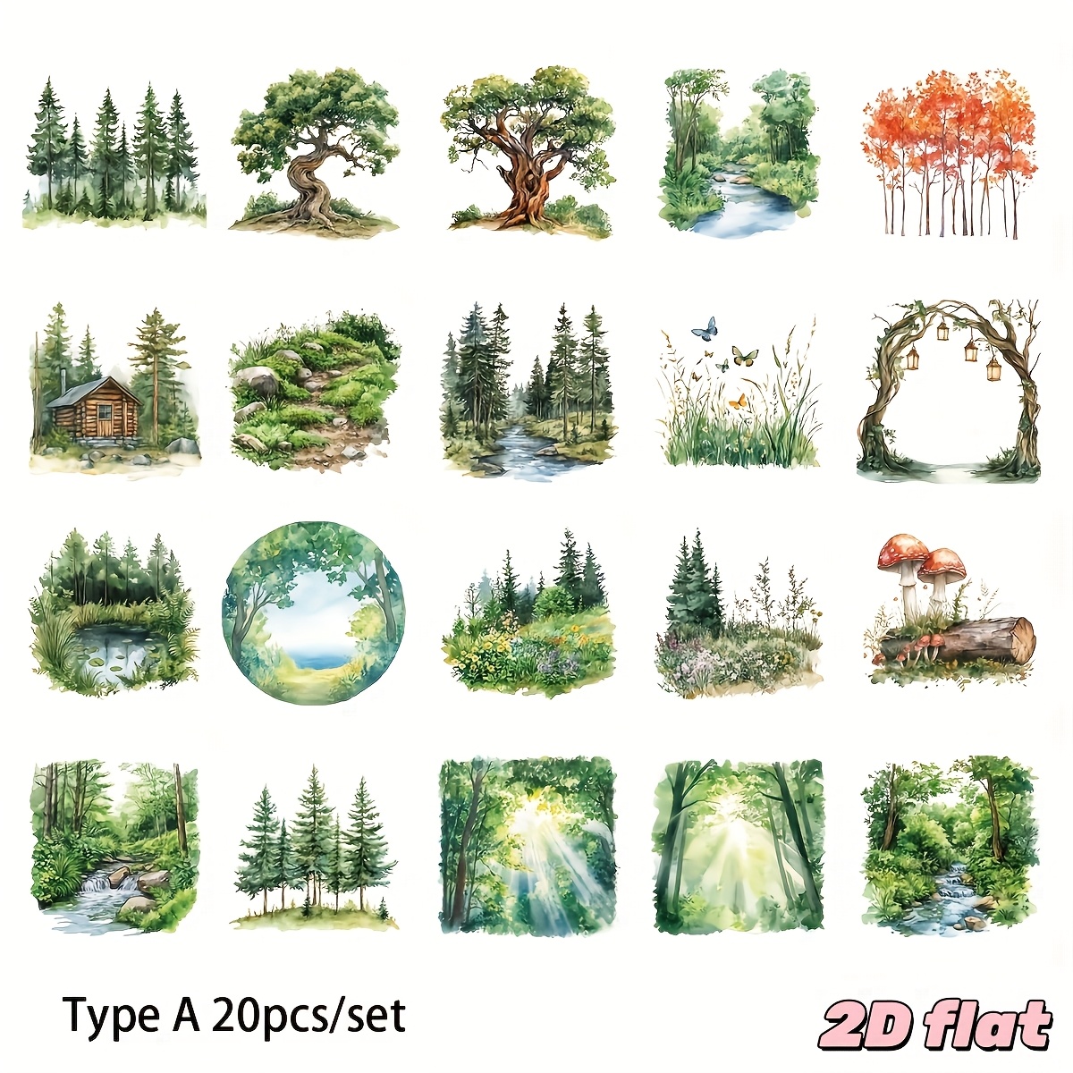 Image of 20pcs/set Handmade Creative Retro , Lakes, Butterflies, Wooden Houses Series 2d Flat Stickers Suitable For Garbage Diary, Notebook, Decoration, Manual Account Cutting Book Stickers