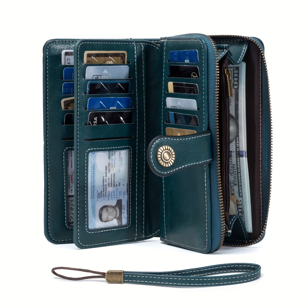 

Rfid Blocking Long Wallet With Wristlet, Retro Style Faux Leather Coin Purse With Multi Card Slots & Id Window