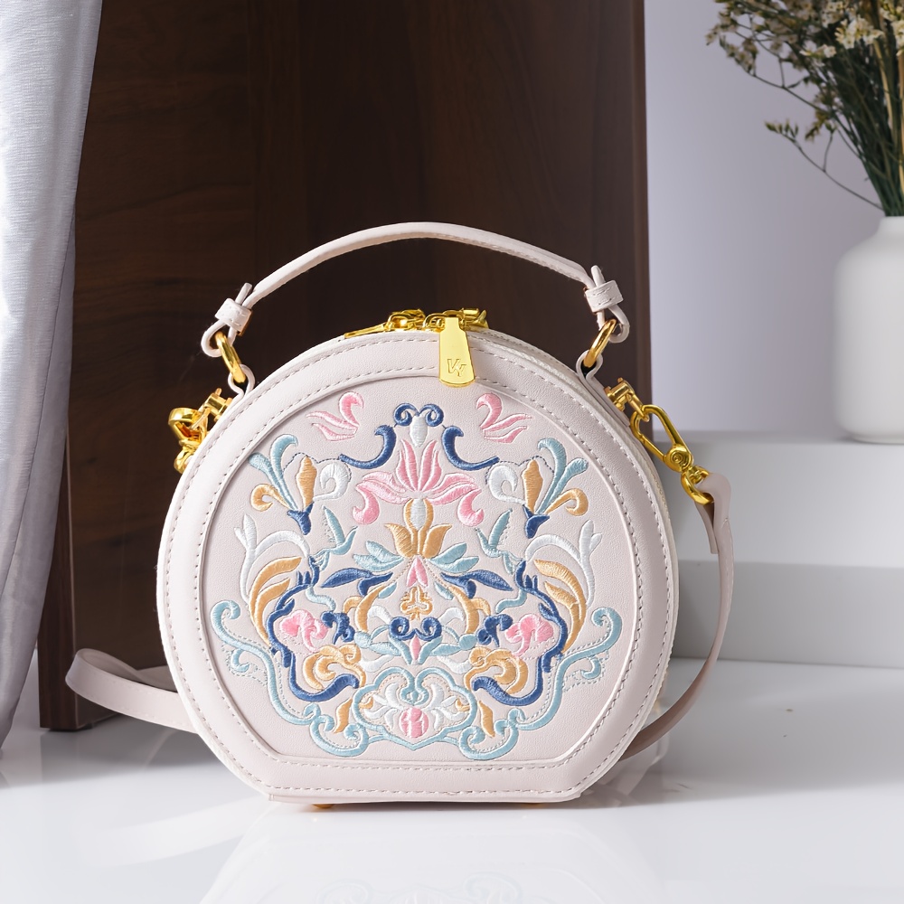 Image of Longluan Cute Embroidery Crossbody Bag With Striped Strap, Multicolor Embroidered Patch, Zipper Closure & - Handbag Suitable For Everyday Use,, Shopping, Travel
