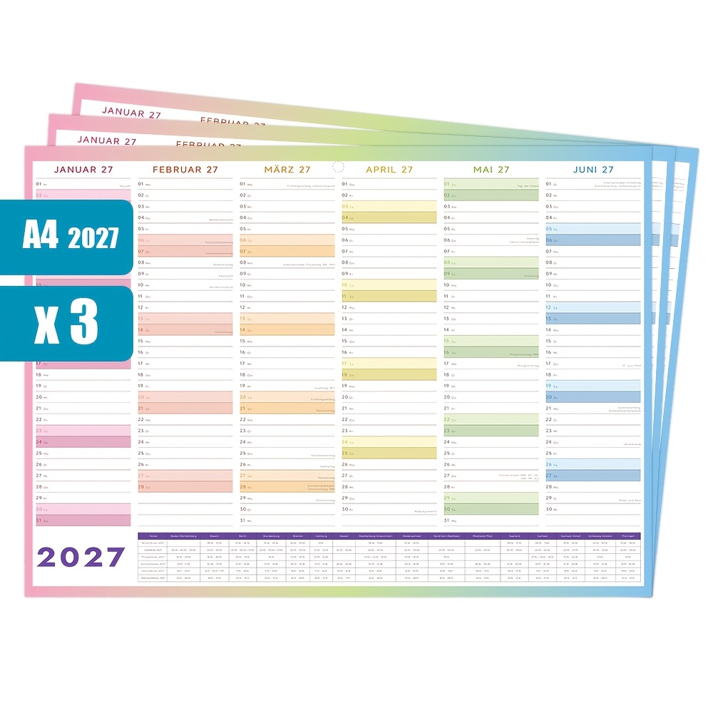 Image of German Wall Planner 2027 - A4 Double-sided Wall Calendar (jan 2027-dec 2027) With German School Holidays And Week Numbers, Adhesive Tabs