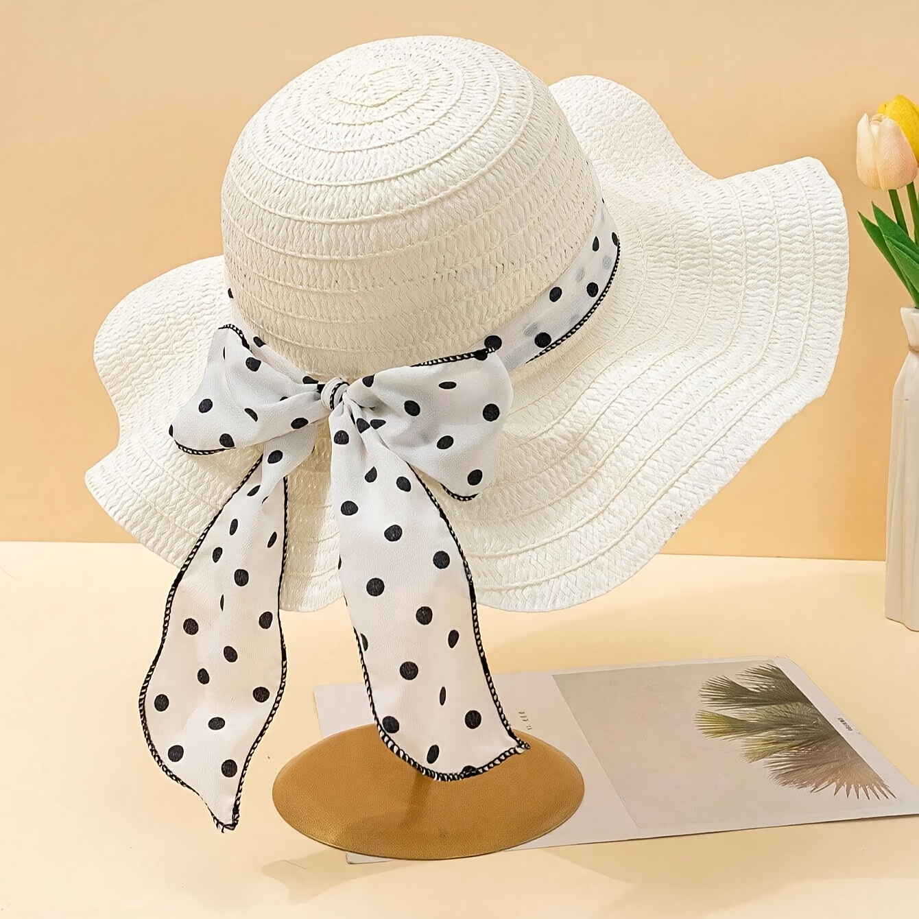 Image of Straw Hat - White Wavy Straw Hat With Polka Dot Print Bow Ribbon, Bohemian Style, Sweet And Fashionable, Suitable For Ladies/ Outdoor Travel, Beach Vacation, , Summer Gift