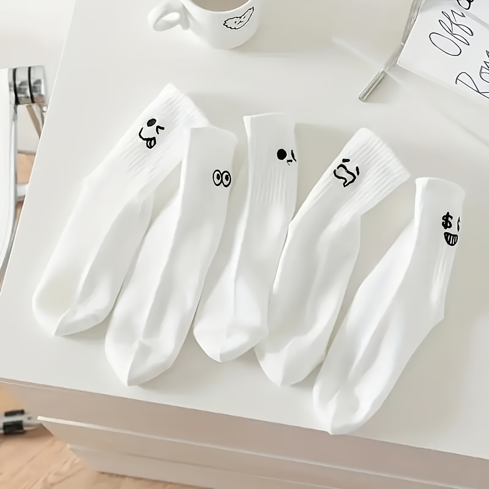 5 Pairs Women'S Mid-Calf Socks - Cute Cartoon-Themed Long Socks with Expressive Faces, Soft Breathable Warm Winter Socks for Everyday & Formal Outfits - Spring, Fall, Winter Fashion Accessories (5 Pairs), Cute Socks, Seasonal Fashion, Playful Design, Comfortable Fit, Trendy Socks, Fashionconscious Women