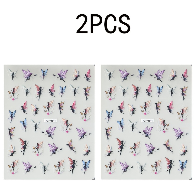 Image of 2pcs Embossed Cartoon Nail Art Stickers, Fantasy Themes For Diy Or Nail Salon, Cute For Nail Art Decoration, Waterproof Self-adhesive Nail Art Supplies For Women