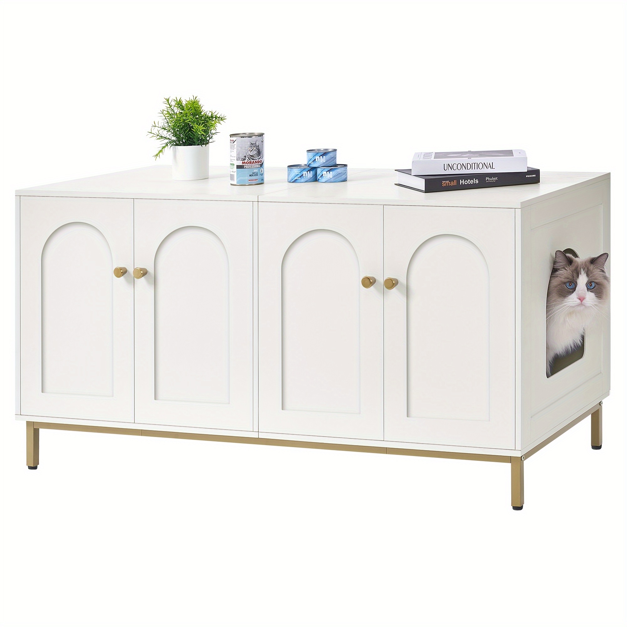 TEMU Cat Litter Box For 2 Cats, 120cm Hidden Litter Box Cabinet, Storage Bench, Fits Most Cat Litter Boxes, White And Golden