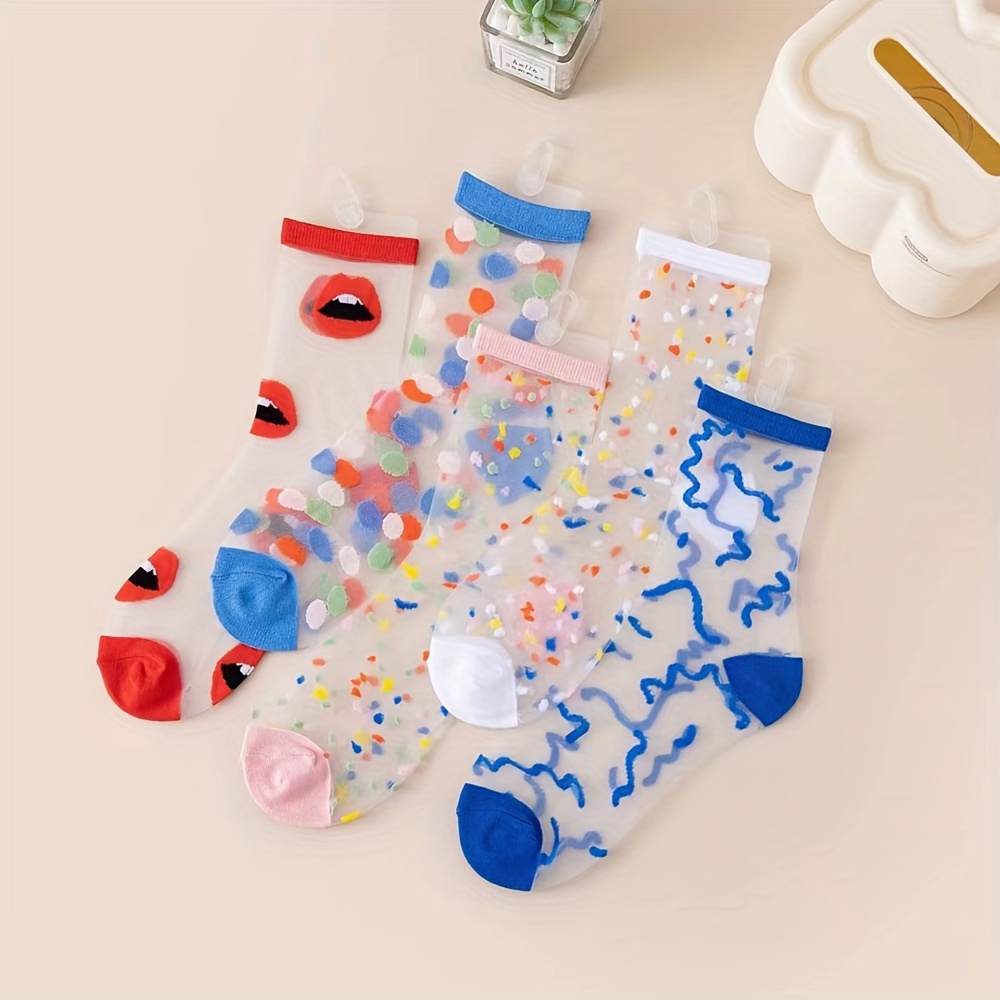 5 Pairs Of Stylish Summer Ultra-thin Breathable Glass Stockings, Transparent Polka Dot Women's Short Socks