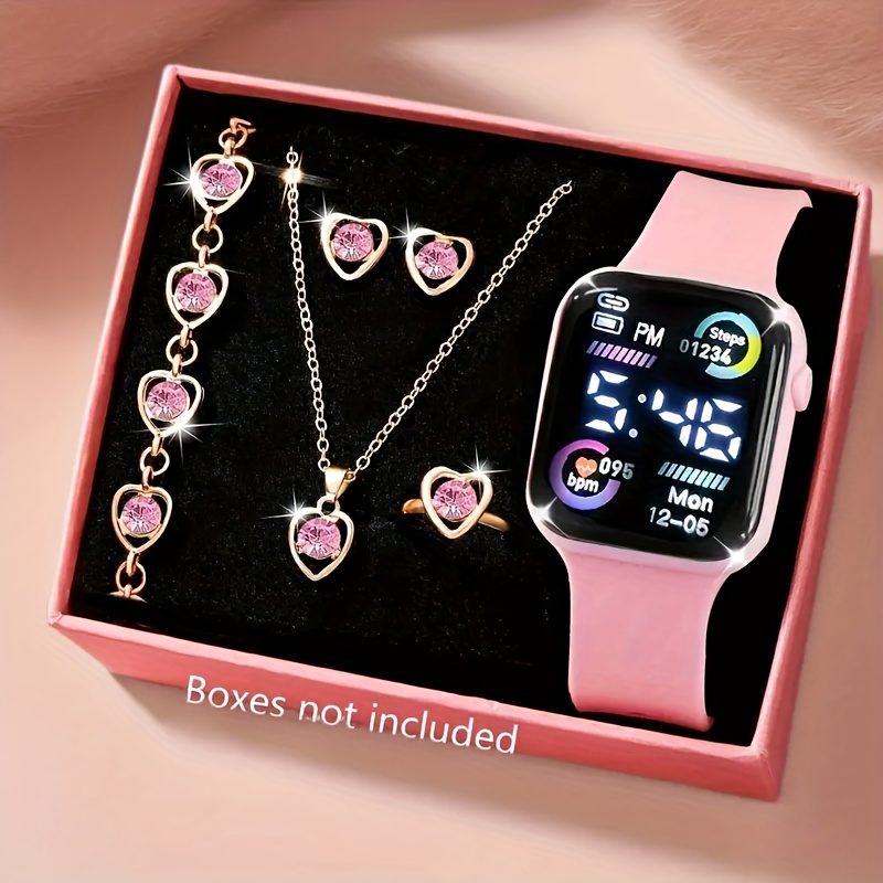 Juego de 6 piezas de reloj electrónico, collar, aretes y anillo rosa exquisito, elegante y de moda para adolescentes, niños y niñas. La elección perfecta para regalo de cumpleaños de un amigo, novia/novio, viaje, vacaciones, temporada de graduación, Halloween y Día de San Valentín