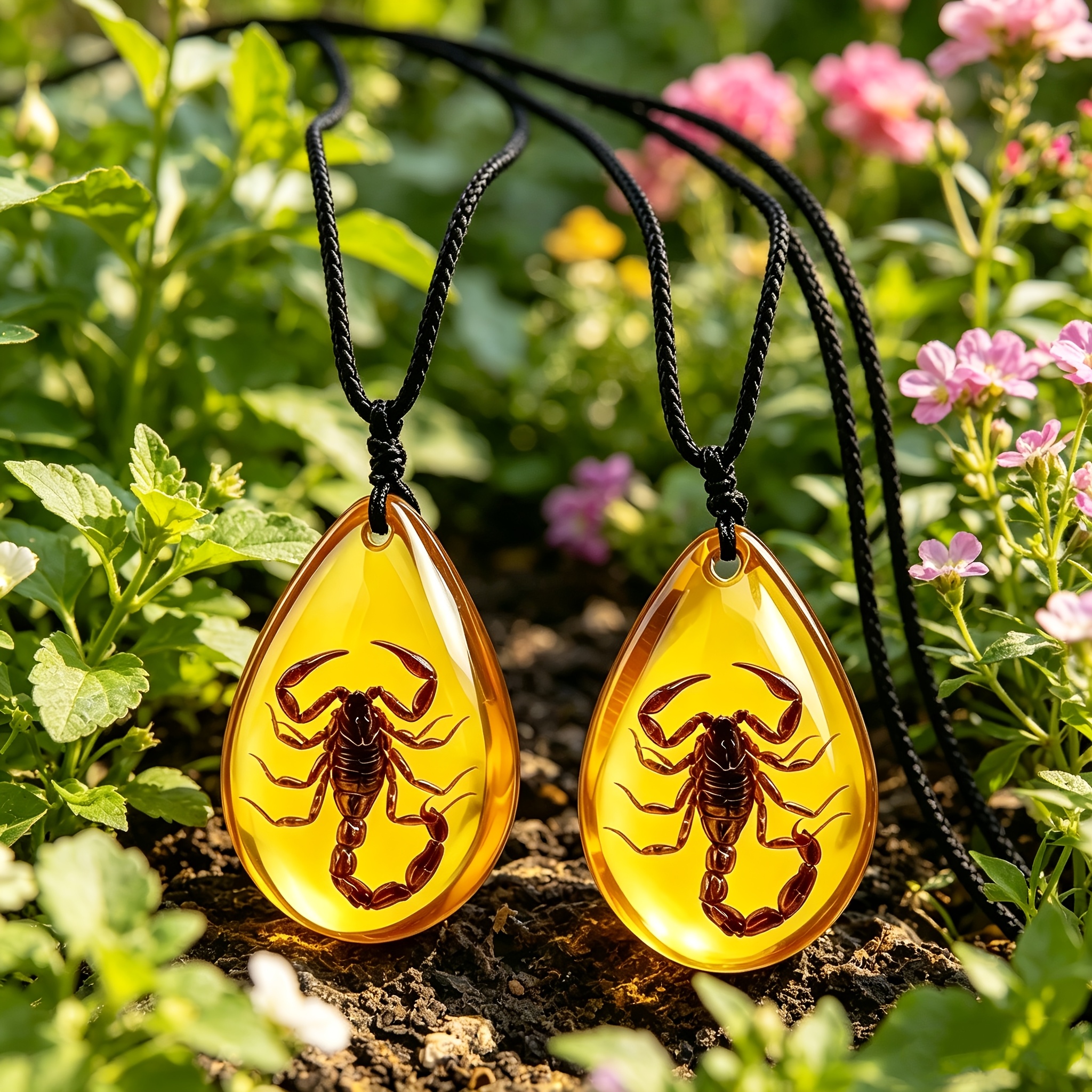 2pcs Imitation Amber Scorpion Pattern Pendant Necklace Set, Unisex